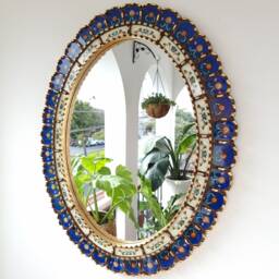 Beautiful Blue Oval Mirror 70cm - Interior Decoration Wall Home Decor Decorative Mirrors Peruvian Handicrafts - thumbnail 2