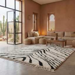 White & Black Beni Ourain Rug - Handmade Moroccan Wool Bold Chevron Stripe Berber Area For Living Room Afrikesh - thumbnail 3