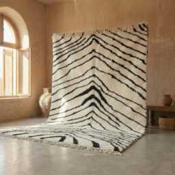 White & Black Beni Ourain Rug - Handmade Moroccan Wool Bold Chevron Stripe Berber Area For Living Room Afrikesh - thumbnail 2