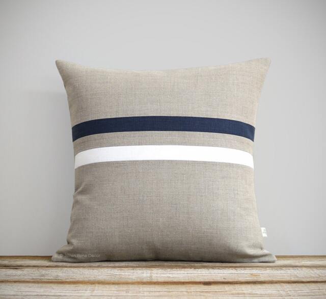 Navy Blue & Cream Striped Pillow Cover - 16x16 Modern Home Decor By Jillianrenedecor, Nautical, Minimal Stripes, Masculine - image 1