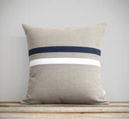 Navy Blue & Cream Striped Pillow Cover - 16x16 Modern Home Decor By Jillianrenedecor, Nautical, Minimal Stripes, Masculine - thumbnail 1