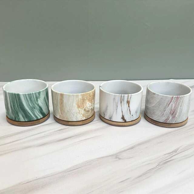 Round Ceramic Marble Effect Succulent Planters With Bamboo Coaster/Small Desktop Plant Pot Indoor Office Home Decor Modern New - image 1