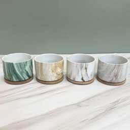 Round Ceramic Marble Effect Succulent Planters With Bamboo Coaster/Small Desktop Plant Pot Indoor Office Home Decor Modern New - thumbnail 1