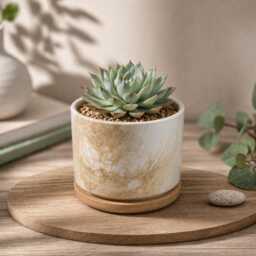 Round Ceramic Marble Effect Succulent Planters With Bamboo Coaster/Small Desktop Plant Pot Indoor Office Home Decor Modern New - thumbnail 3