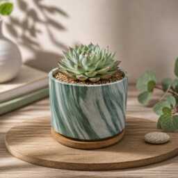 Round Ceramic Marble Effect Succulent Planters With Bamboo Coaster/Small Desktop Plant Pot Indoor Office Home Decor Modern New - thumbnail 2
