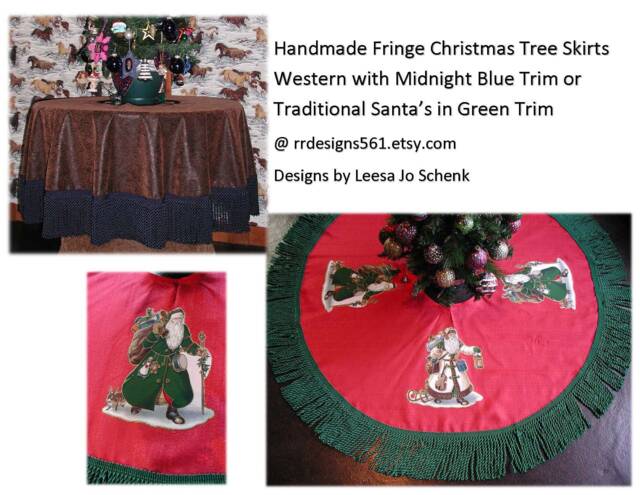 Christmas Tree Skirt, Western Santa Claus, Bullion Fringe, Red & Green, Brown Leather, Country D??cor - image 1