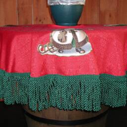 Christmas Tree Skirt, Western Santa Claus, Bullion Fringe, Red & Green, Brown Leather, Country D??cor - thumbnail 4