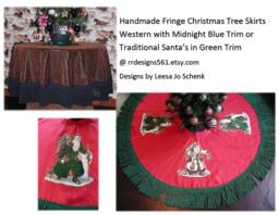 Christmas Tree Skirt, Western Santa Claus, Bullion Fringe, Red & Green, Brown Leather, Country D??cor - thumbnail 1