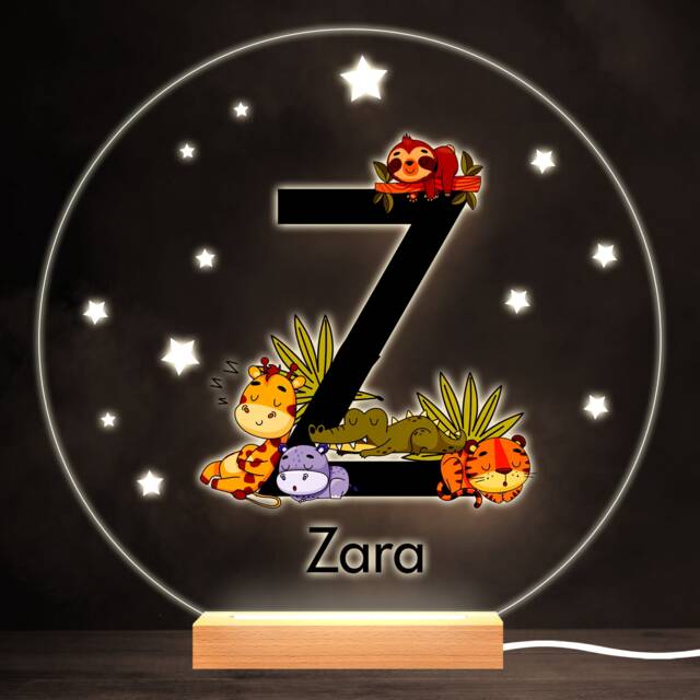 Sleeping Baby Safari Animals Letter Z Round Personalised Gift Lamp Night Light - Bedroom - image 1