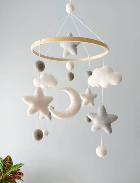 Wool Moon & Stars Baby Mobile, Nursery Decor - image 1