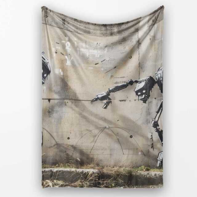 Futuristic Black Robots On Concrete Wall Graffiti, All Season Comfort, Comfortable Everyday Use - Super Soft Fleece Blanket Bed Sofa Throw - image 1