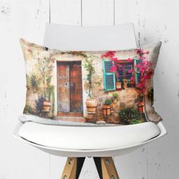 Floral Stone House Suede Cushion Cover - Rustic Farmhouse Decor