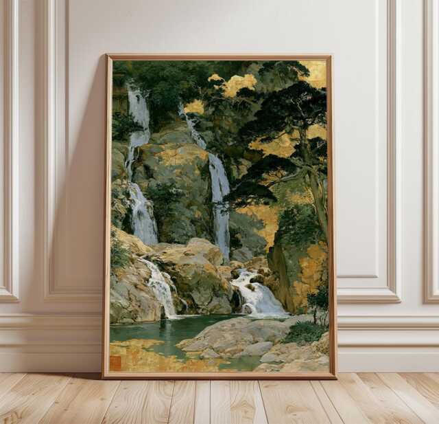 Japanese Waterfall Poster, Zen Landscape Print, Nature Wall Art - image 1