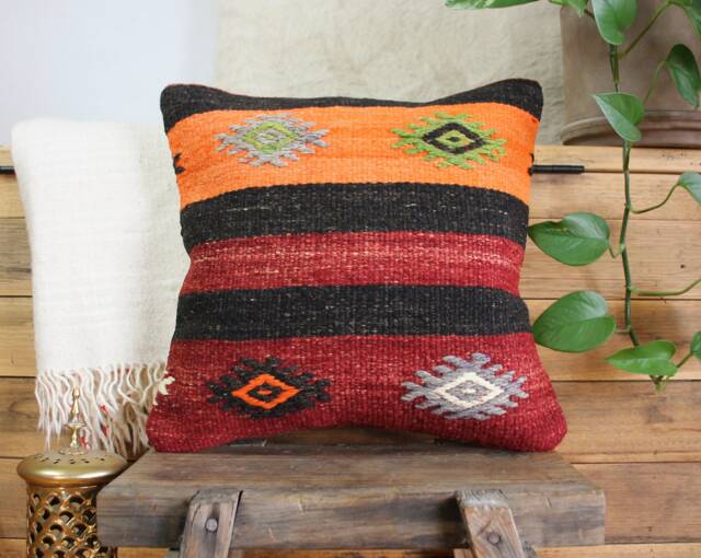 40cm - 16In Vintage Kilim Cushion Cover Handwoven - Authentic Pillow Hand Spun Wool Turkish Square - image 1