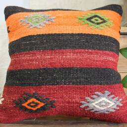 40cm - 16In Vintage Kilim Cushion Cover Handwoven - Authentic Pillow Hand Spun Wool Turkish Square - thumbnail 2