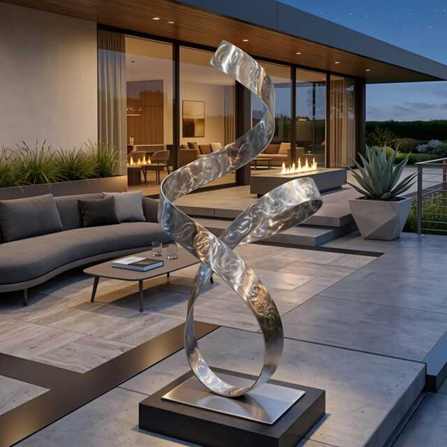 Abstract Metal Ribbon Sculpture Silver Handcrafted Luxury Modern Art Decor, Indoor, Outdoor - image 1