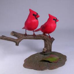 Mini Pair Of Cardinal 2 Male Birds Hand Carved Wooden Bird - thumbnail 2