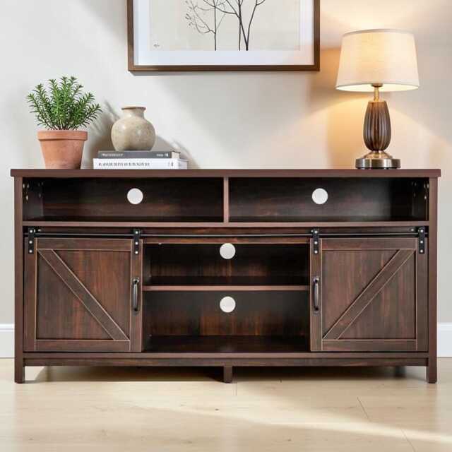 Farmhouse Sliding Barn Door Tv Stand 150cm Rustic Brown Console With Storage Shelves - image 1