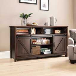 Farmhouse Sliding Barn Door Tv Stand 150cm Rustic Brown Console With Storage Shelves - thumbnail 2