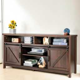 Farmhouse Sliding Barn Door Tv Stand 150cm Rustic Brown Console With Storage Shelves - thumbnail 3