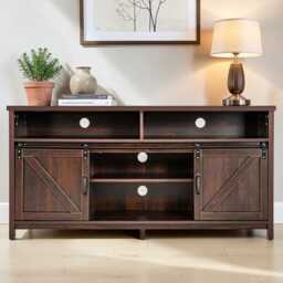 Farmhouse Sliding Barn Door Tv Stand 150cm Rustic Brown Console With Storage Shelves - thumbnail 1