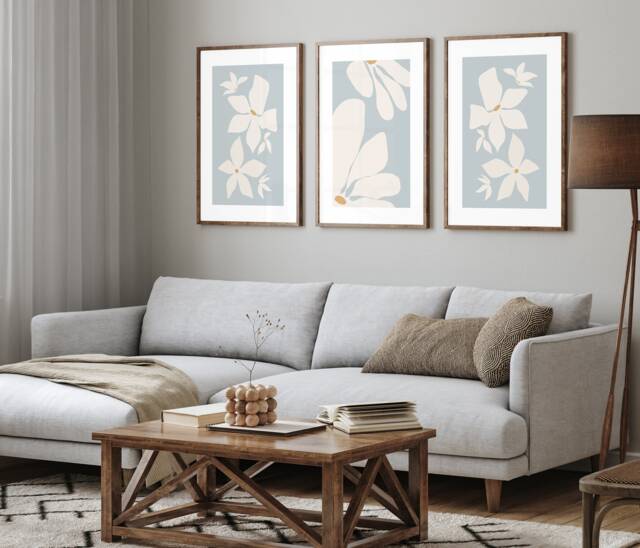 Botanical Wall Prints, Set Of 3 Blue Flower Art, Home Decor, Living Room Neutral Posters, Bedroom Sizes Up To A1 - image 1