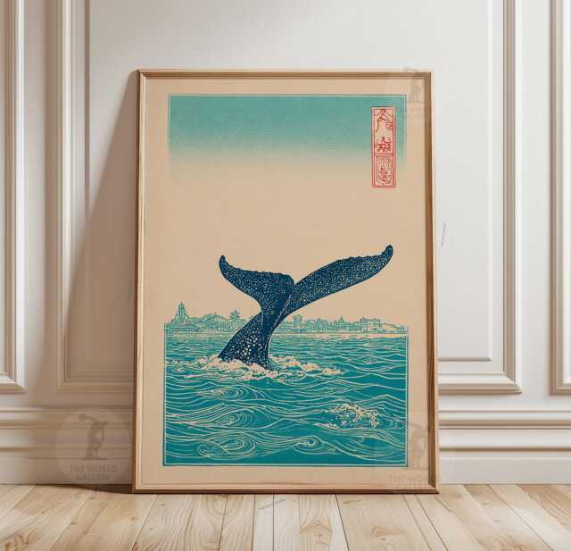 Teal Coastal Whale Tail Poster Print - Ocean Skyline Wave Illustration Nautical Wall Art - image 1