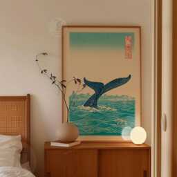 Teal Coastal Whale Tail Poster Print - Ocean Skyline Wave Illustration Nautical Wall Art - thumbnail 2