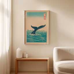 Teal Coastal Whale Tail Poster Print - Ocean Skyline Wave Illustration Nautical Wall Art - thumbnail 3
