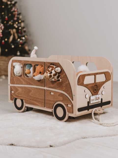 Personalized Wooden Toy Wagon - Pink Retro Van Storage Cart For Toddlers Boho Nursery Decor Custom Baby Girl Gift Kids Pull Box - image 1