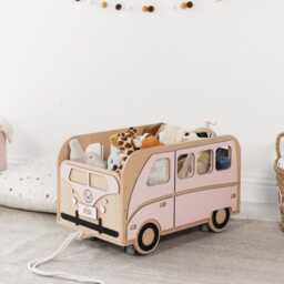 Personalized Wooden Toy Wagon - Pink Retro Van Storage Cart For Toddlers Boho Nursery Decor Custom Baby Girl Gift Kids Pull Box - thumbnail 4
