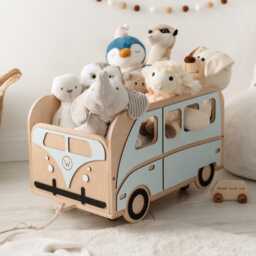 Personalized Wooden Toy Wagon - Pink Retro Van Storage Cart For Toddlers Boho Nursery Decor Custom Baby Girl Gift Kids Pull Box - thumbnail 3