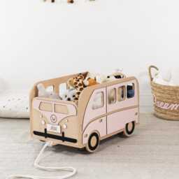 Personalized Wooden Toy Wagon - Pink Retro Van Storage Cart For Toddlers Boho Nursery Decor Custom Baby Girl Gift Kids Pull Box - thumbnail 2