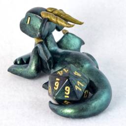 Metallic Green Dragon Dice Guardian Polymer Clay D20 Figurine - thumbnail 3