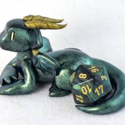 Metallic Green Dragon Dice Guardian Polymer Clay D20 Figurine - thumbnail 2