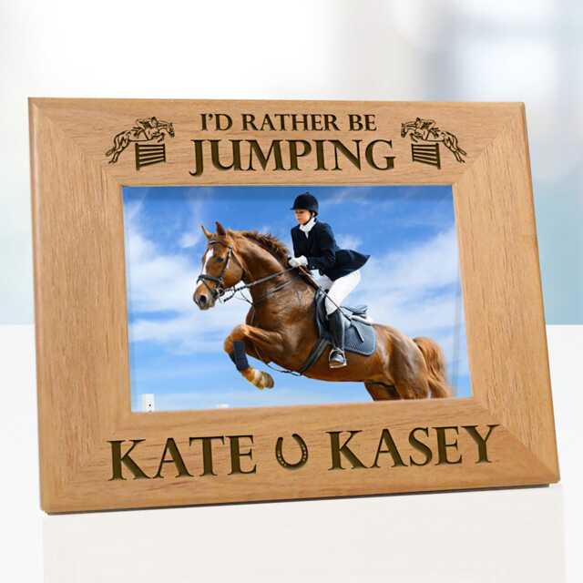 Custom Horse Picture Frame, Jumping Photo Gift, Personalized Engraved Wooden Display, Equestrian Rider Present - image 1