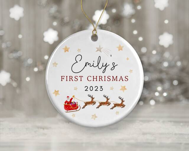 Baby First Christmas Decoration - Personalised Tree Ornament Ceramic Bauble Keepsake Gift Santa Reindeer - image 1