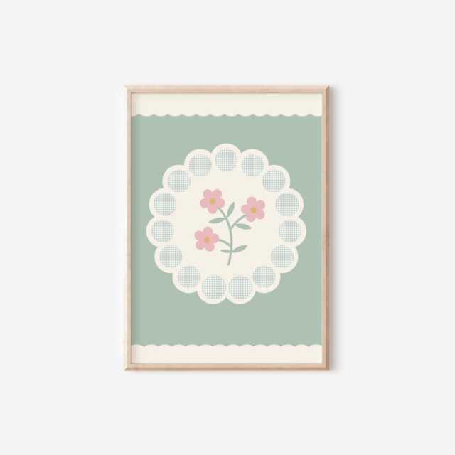Sage Green Floral Gingham Print Nursery Flower Wall Art - image 1