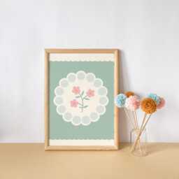 Sage Green Floral Gingham Print Nursery Flower Wall Art - thumbnail 3