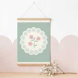 Sage Green Floral Gingham Print Nursery Flower Wall Art - thumbnail 2