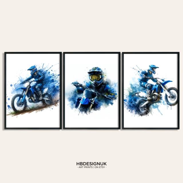 Motocross Poster Prints - Blue Set Of 3 Watercolour Dirt Bike - Motorcycle Print Wall Art Motor Artwork Boys Room Decor - image 1
