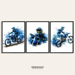 Motocross Poster Prints - Blue Set Of 3 Watercolour Dirt Bike - Motorcycle Print Wall Art Motor Artwork Boys Room Decor - thumbnail 1