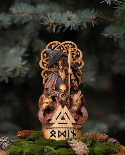 Hand Carved Oak Odin Statue Norse Pagan Altar Sculpture - image 1