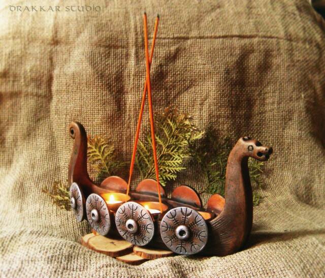 Handcrafted Candleholder Large Incense Holder For 3 Candle Viking Ship Drakkar - image 1