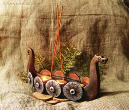 Handcrafted Candleholder Large Incense Holder For 3 Candle Viking Ship Drakkar - thumbnail 1