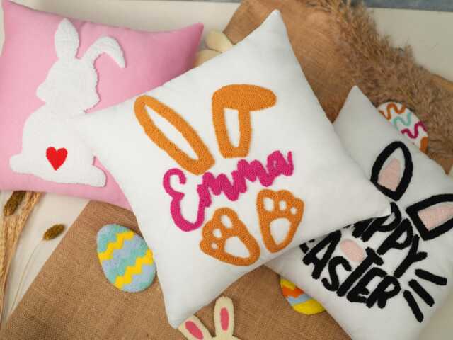 Embroidered Easter Egg Pillow, Custom Punch Needle Linen Spring Decor - image 1
