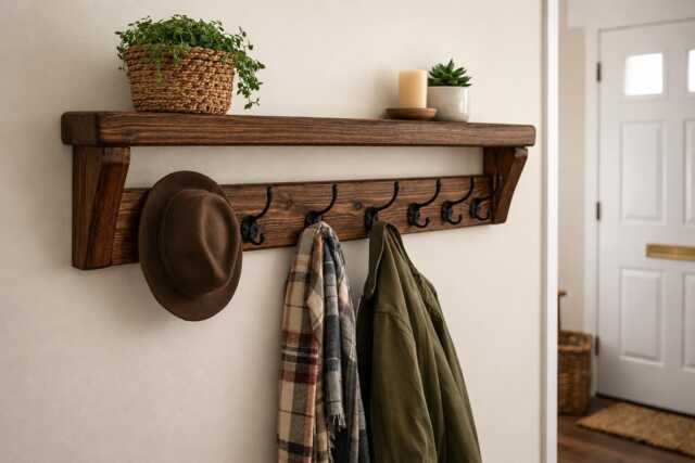 Extra Long Coat Rack Shelf - 10 Hooks Rustic Handmade Hallway Storage - image 1