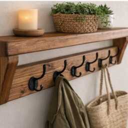 Extra Long Coat Rack Shelf - 10 Hooks Rustic Handmade Hallway Storage - thumbnail 4