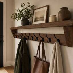 Extra Long Coat Rack Shelf - 10 Hooks Rustic Handmade Hallway Storage - thumbnail 2