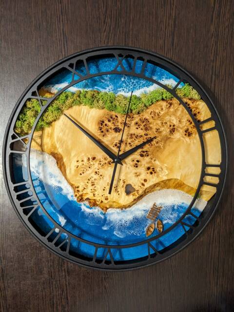 Moss Wood Wall Clock Epoxy Resin Ocean Art, Metal Edge - 14 - image 1